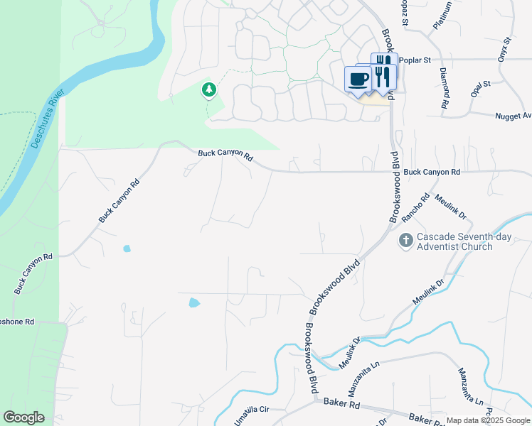 map of restaurants, bars, coffee shops, grocery stores, and more near 19451 Buck Canyon Road in Bend
