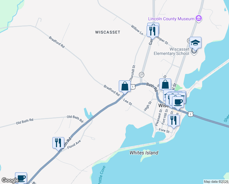 map of restaurants, bars, coffee shops, grocery stores, and more near 68 Bradford Road in Wiscasset