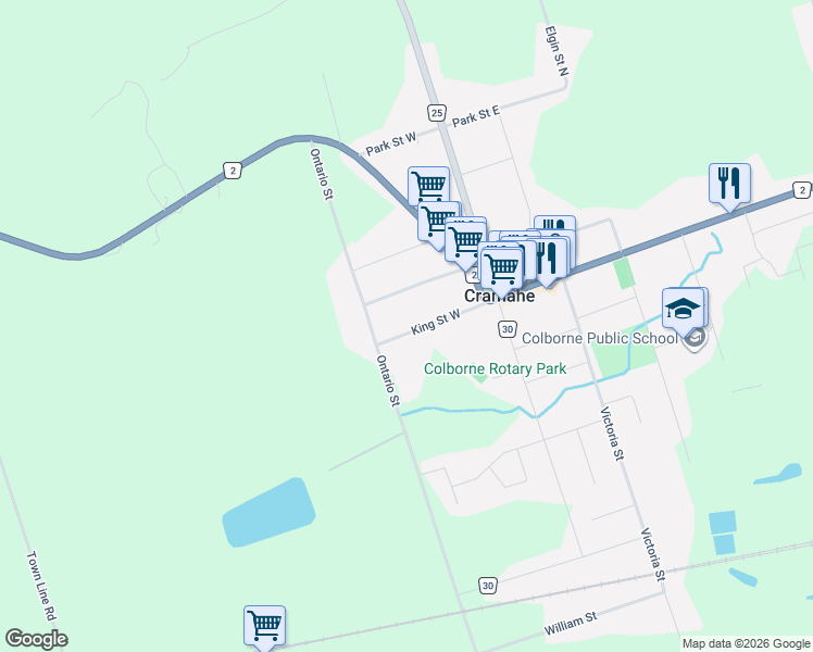 map of restaurants, bars, coffee shops, grocery stores, and more near 28 King Street West in Cramahe