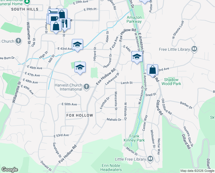 map of restaurants, bars, coffee shops, grocery stores, and more near 4615 Larkwood Street in Eugene