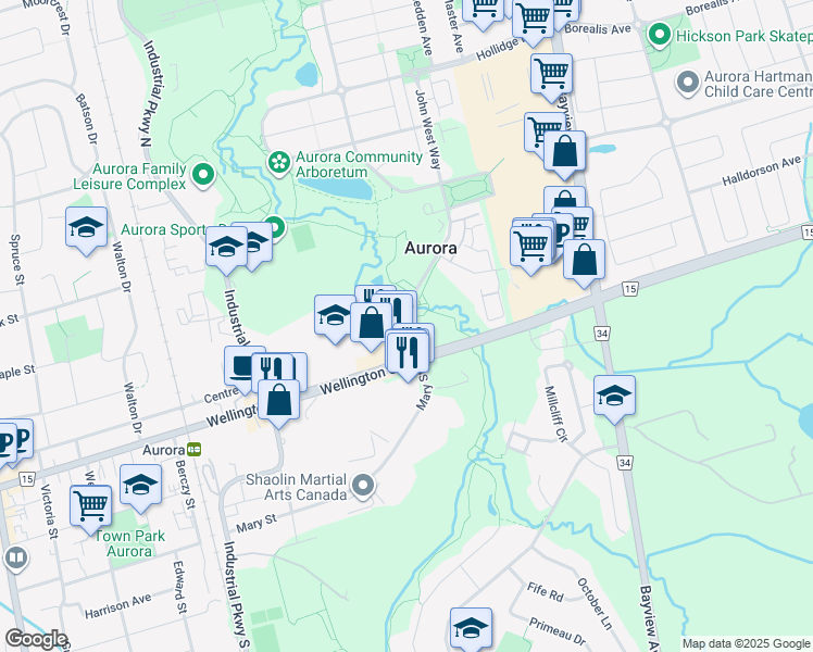 map of restaurants, bars, coffee shops, grocery stores, and more near 29 John West Way in Aurora