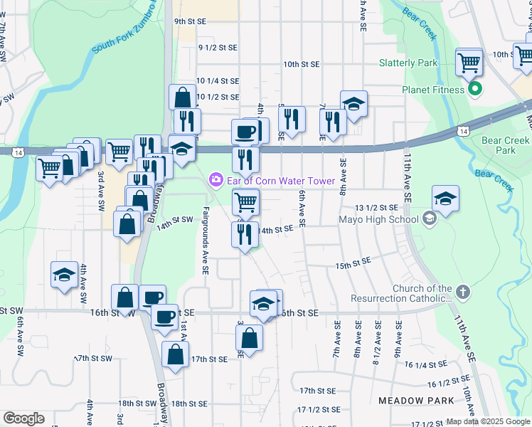map of restaurants, bars, coffee shops, grocery stores, and more near 1334 4th Avenue Southeast in Rochester