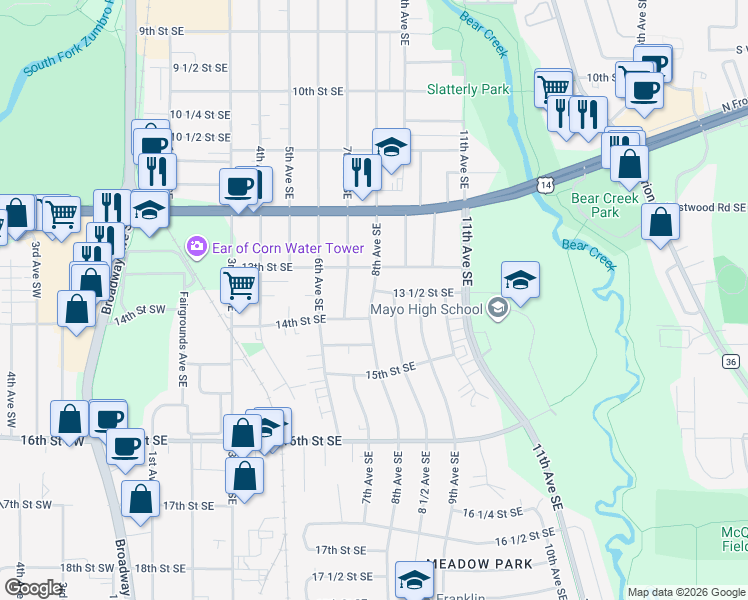 map of restaurants, bars, coffee shops, grocery stores, and more near 1352 8th Avenue Southeast in Rochester
