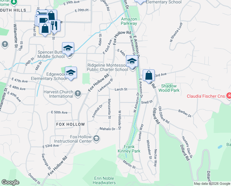 map of restaurants, bars, coffee shops, grocery stores, and more near 4665 West Hillside Drive in Eugene