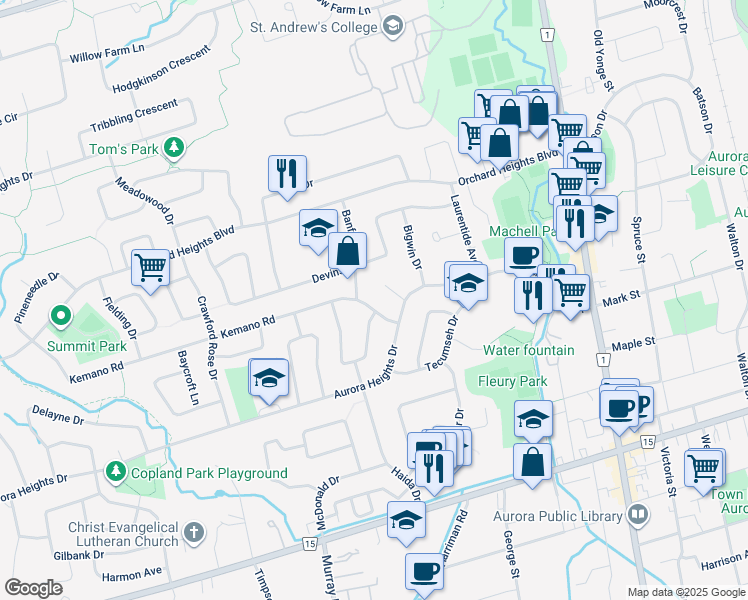 map of restaurants, bars, coffee shops, grocery stores, and more near in Aurora