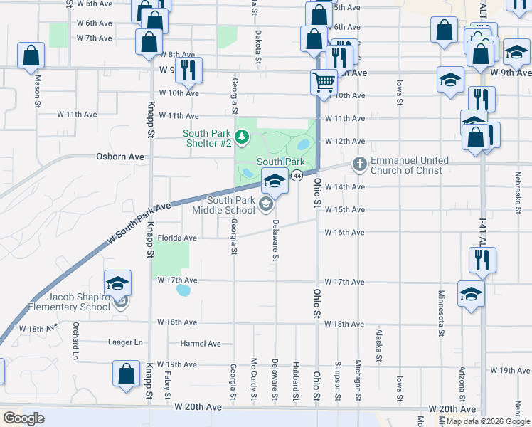 map of restaurants, bars, coffee shops, grocery stores, and more near 3 Delaware Street in Oshkosh