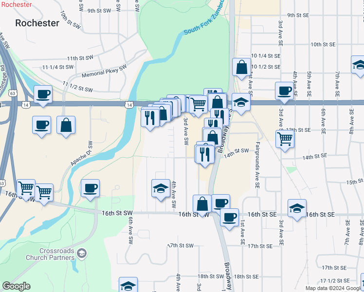 map of restaurants, bars, coffee shops, grocery stores, and more near 1339 3rd Avenue Southwest in Rochester