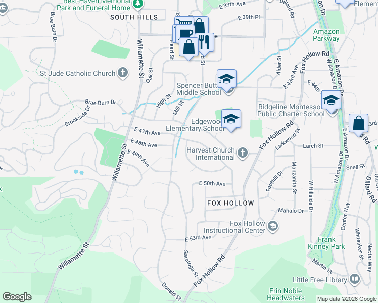 map of restaurants, bars, coffee shops, grocery stores, and more near 4735 Brookwood Street in Eugene