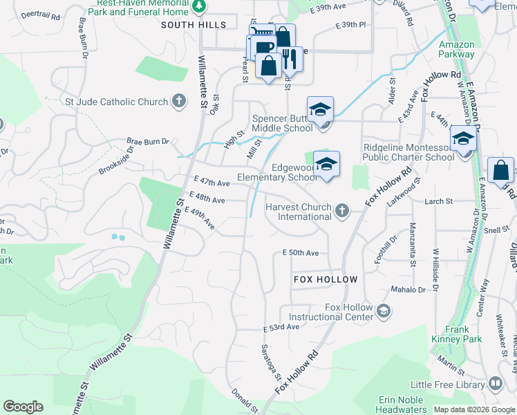map of restaurants, bars, coffee shops, grocery stores, and more near 4745 Brookwood Street in Eugene