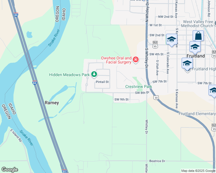 map of restaurants, bars, coffee shops, grocery stores, and more near 1002 Partridge Street in Fruitland