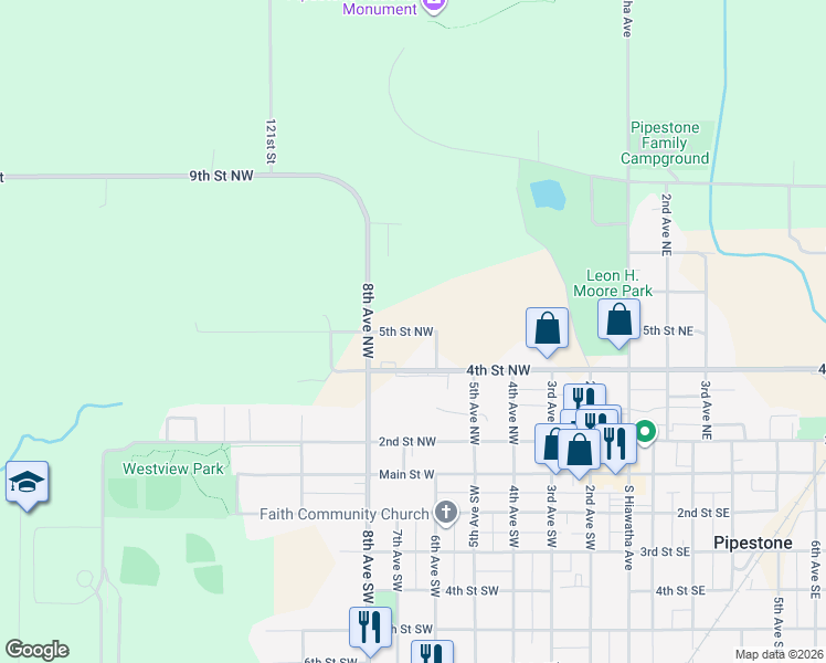 map of restaurants, bars, coffee shops, grocery stores, and more near 608 5th Street Northwest in Pipestone