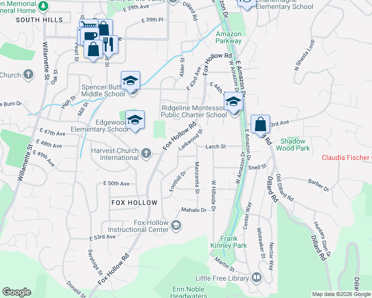 map of restaurants, bars, coffee shops, grocery stores, and more near 720 Mimosa Avenue in Eugene