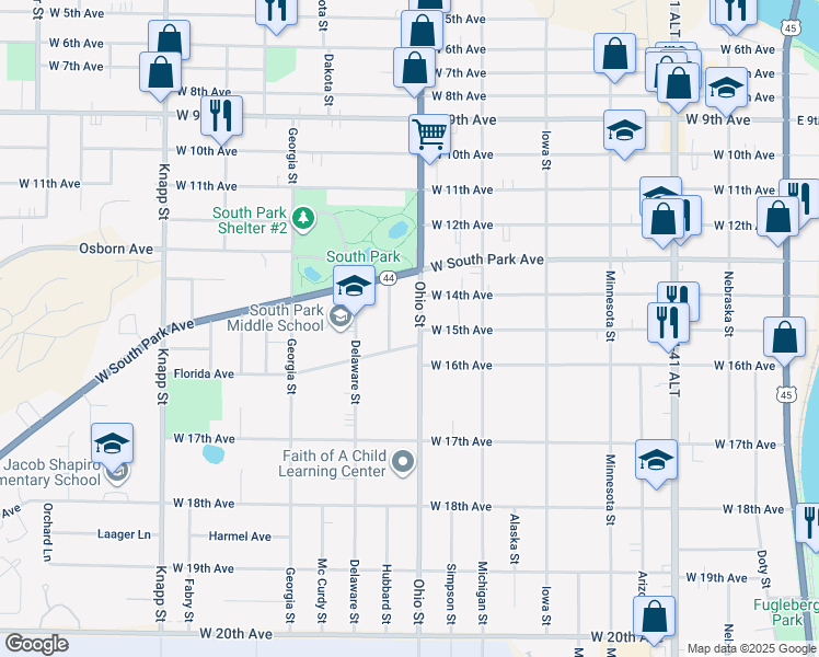 map of restaurants, bars, coffee shops, grocery stores, and more near 1512 Ohio Street in Oshkosh