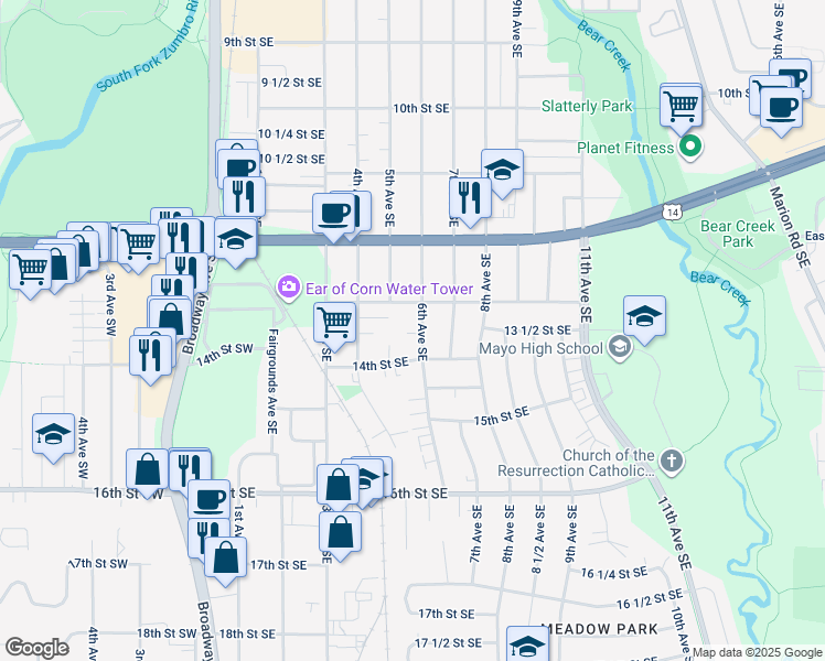 map of restaurants, bars, coffee shops, grocery stores, and more near 1347 6th Avenue Southeast in Rochester