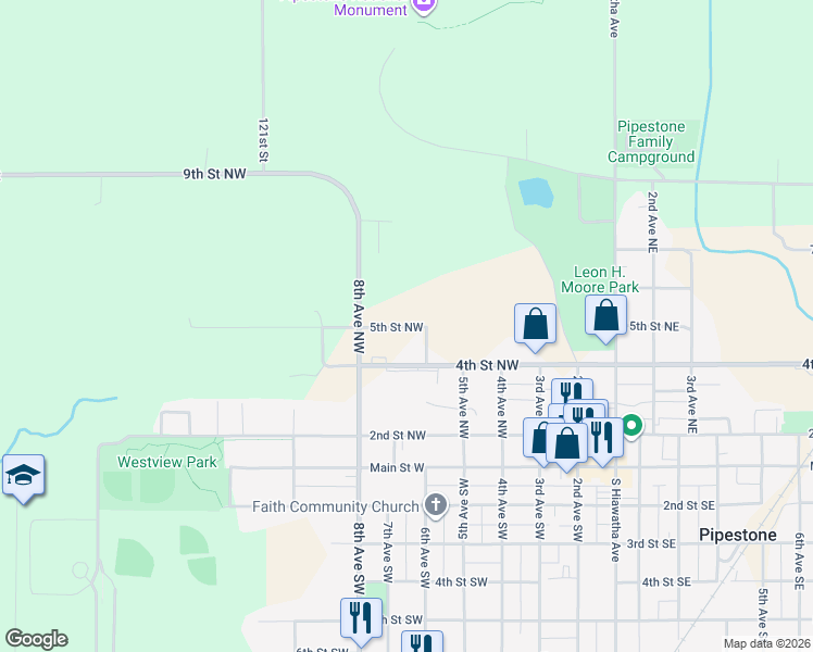map of restaurants, bars, coffee shops, grocery stores, and more near 608 5th Street Northwest in Pipestone