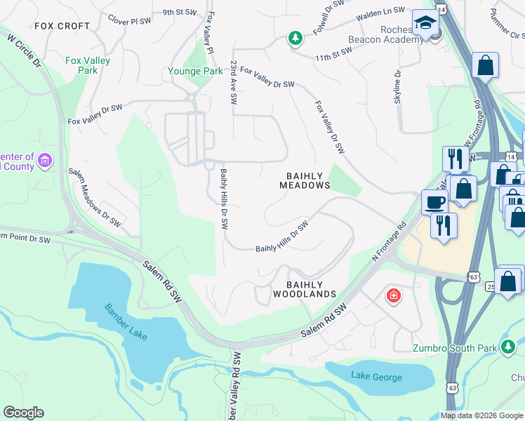 map of restaurants, bars, coffee shops, grocery stores, and more near 1350 Woodland Drive Southwest in Rochester