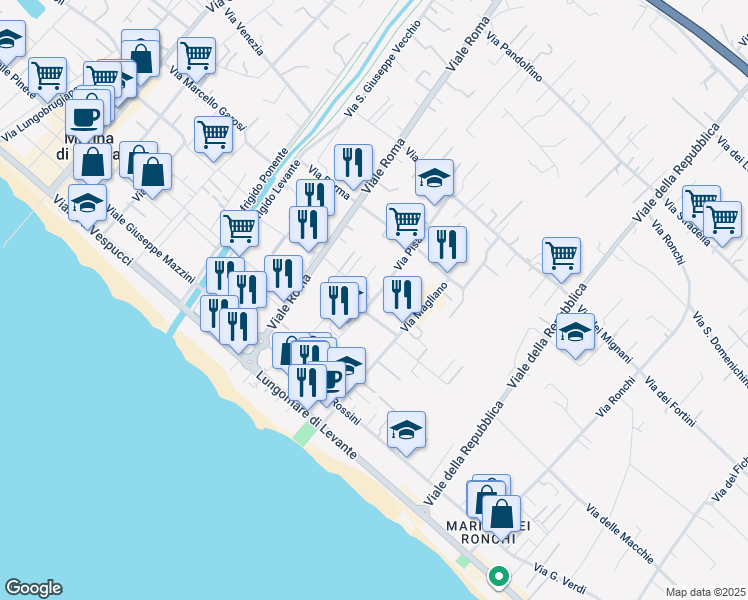 map of restaurants, bars, coffee shops, grocery stores, and more near 3 Via Grosseto in Massa