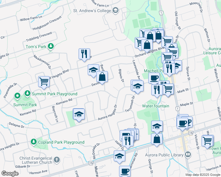 map of restaurants, bars, coffee shops, grocery stores, and more near 12 Ottawa Court in Aurora