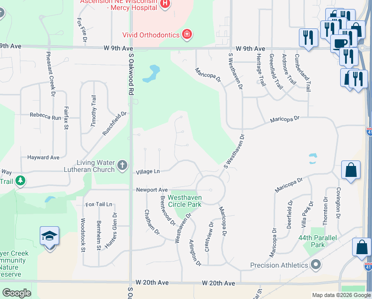 map of restaurants, bars, coffee shops, grocery stores, and more near 1550 Candlelight Court in Oshkosh