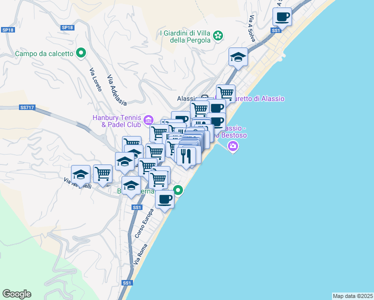 map of restaurants, bars, coffee shops, grocery stores, and more near 18 Passeggiata Enrico Toti in Alassio