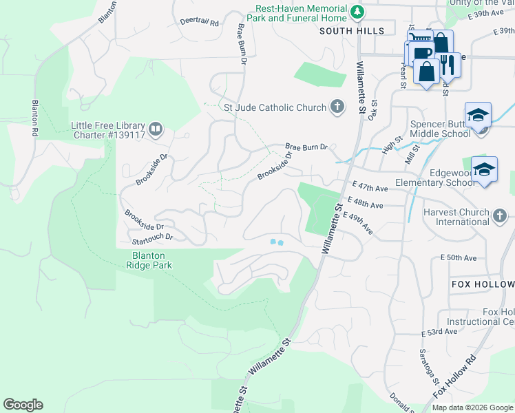 map of restaurants, bars, coffee shops, grocery stores, and more near 222 Rockridge Loop in Eugene