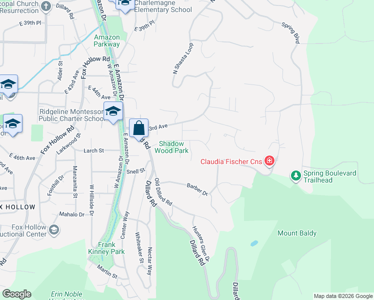 map of restaurants, bars, coffee shops, grocery stores, and more near 4525 Shadow Wood Drive in Eugene