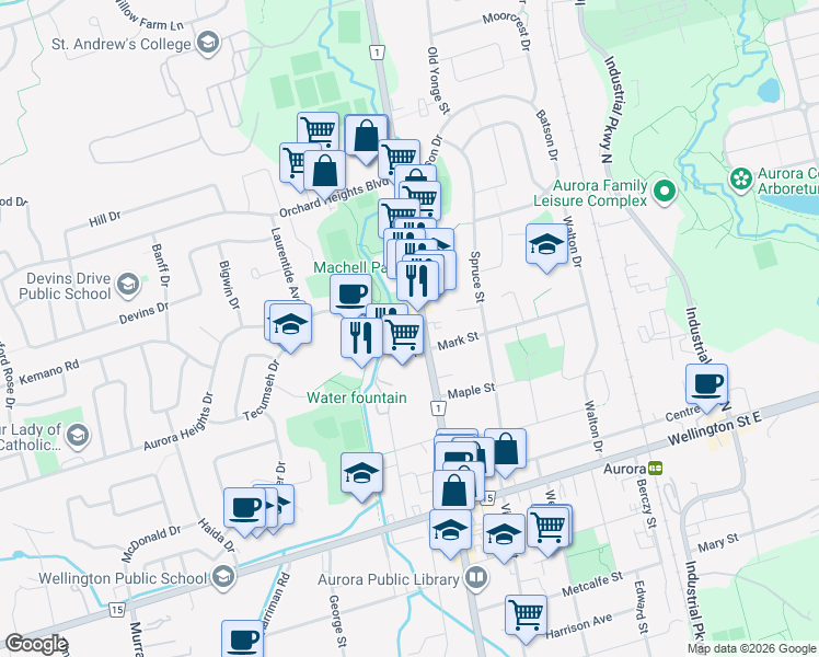 map of restaurants, bars, coffee shops, grocery stores, and more near Aurora Heights Drive in Aurora
