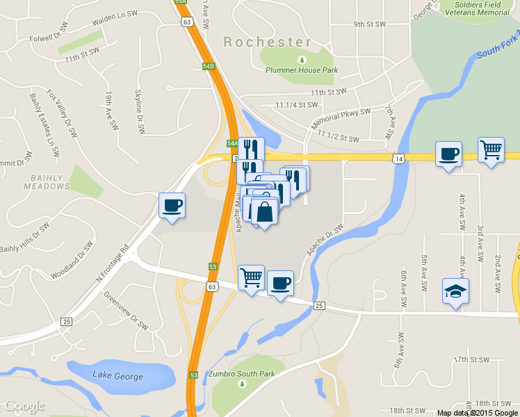 map of restaurants, bars, coffee shops, grocery stores, and more near 1201 12th Street Southwest in Rochester