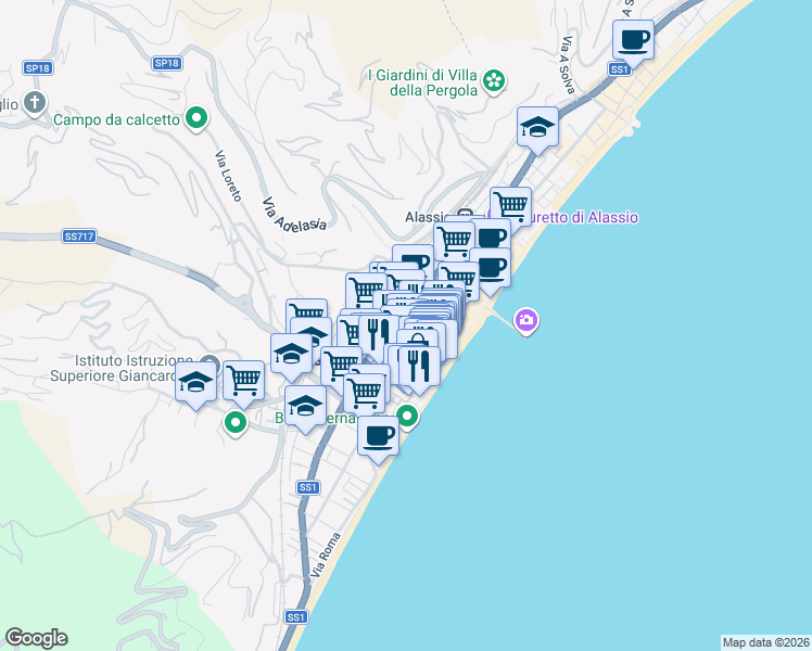 map of restaurants, bars, coffee shops, grocery stores, and more near 20 Via Giuseppe Verdi in Alassio
