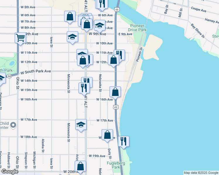 map of restaurants, bars, coffee shops, grocery stores, and more near 21 West 15th Avenue in Oshkosh