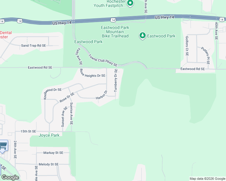map of restaurants, bars, coffee shops, grocery stores, and more near 1277 Turnberry Drive Southeast in Rochester