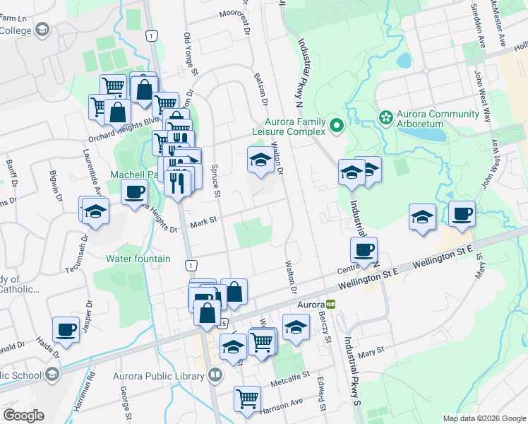 map of restaurants, bars, coffee shops, grocery stores, and more near 68 Mark Street in Aurora
