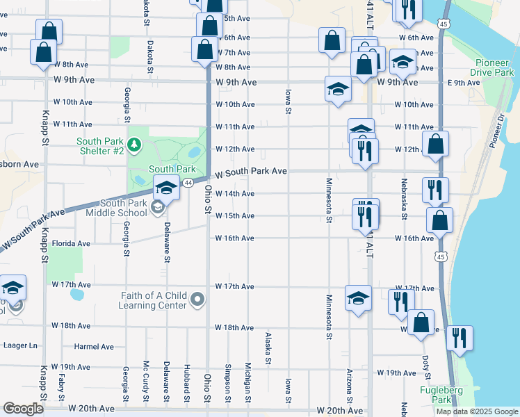 map of restaurants, bars, coffee shops, grocery stores, and more near 447 West 14th Avenue in Oshkosh