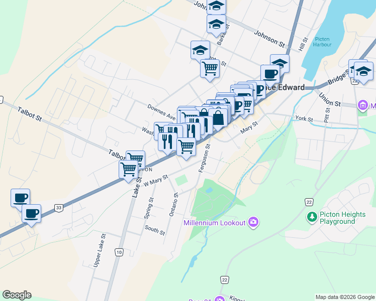 map of restaurants, bars, coffee shops, grocery stores, and more near 96 Main Street West in Prince Edward County