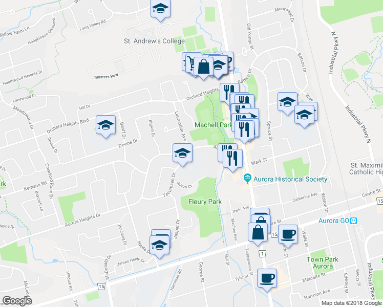 map of restaurants, bars, coffee shops, grocery stores, and more near 13 Aurora Heights Drive in Aurora