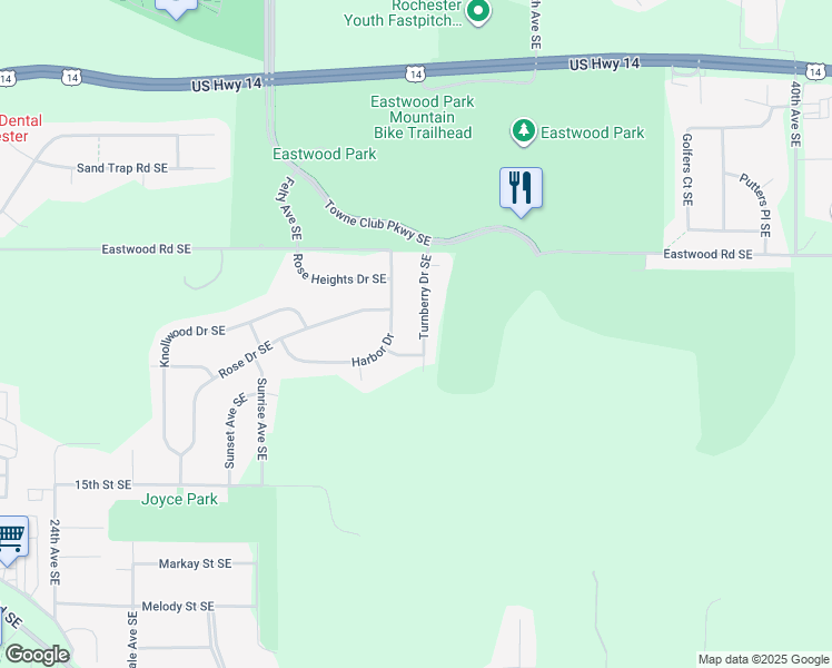 map of restaurants, bars, coffee shops, grocery stores, and more near 1309 Turnberry Drive Southeast in Rochester