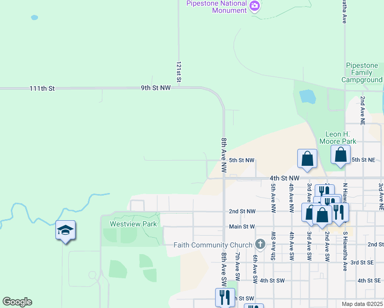 map of restaurants, bars, coffee shops, grocery stores, and more near 821 5th Street Northwest in Pipestone