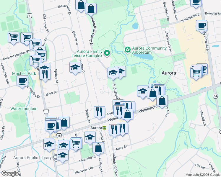 map of restaurants, bars, coffee shops, grocery stores, and more near 2 Scanlon Court in Aurora