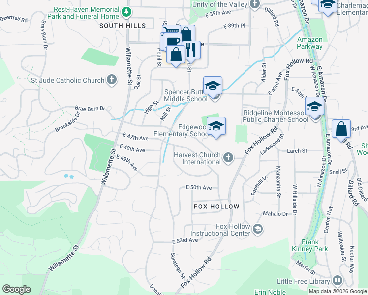 map of restaurants, bars, coffee shops, grocery stores, and more near 480 East 46th Avenue in Eugene