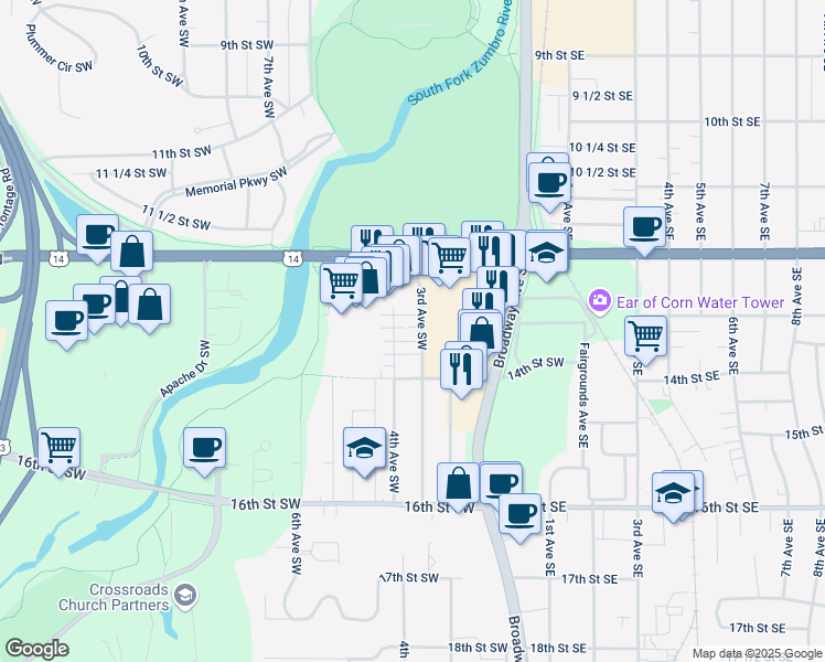 map of restaurants, bars, coffee shops, grocery stores, and more near 1232 3rd Avenue Southwest in Rochester