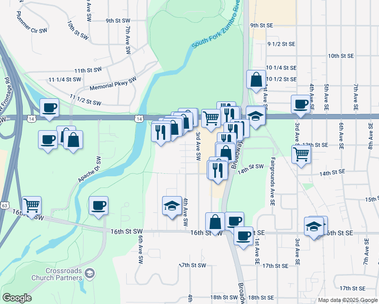 map of restaurants, bars, coffee shops, grocery stores, and more near 1232 3rd Avenue Southwest in Rochester