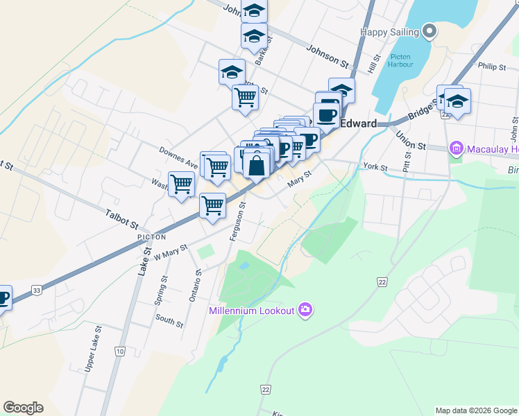 map of restaurants, bars, coffee shops, grocery stores, and more near 128 Main Street West in Prince Edward