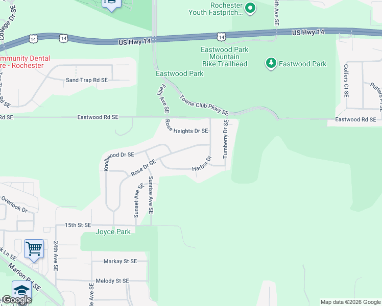 map of restaurants, bars, coffee shops, grocery stores, and more near 3109 Rose Drive Southeast in Rochester