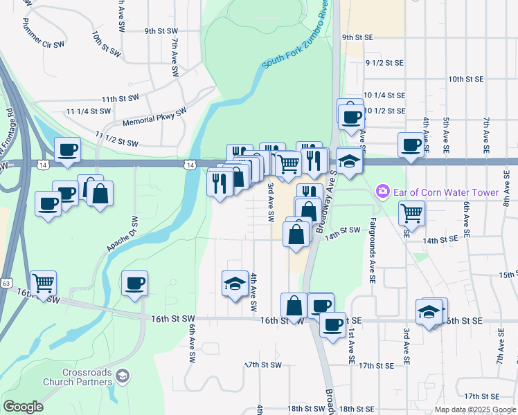 map of restaurants, bars, coffee shops, grocery stores, and more near 1232 3rd Avenue Southwest in Rochester