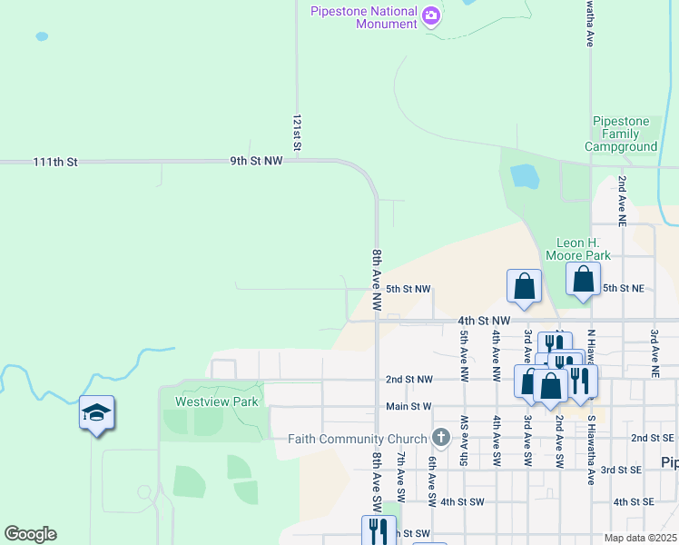 map of restaurants, bars, coffee shops, grocery stores, and more near 821 5th Street Northwest in Pipestone