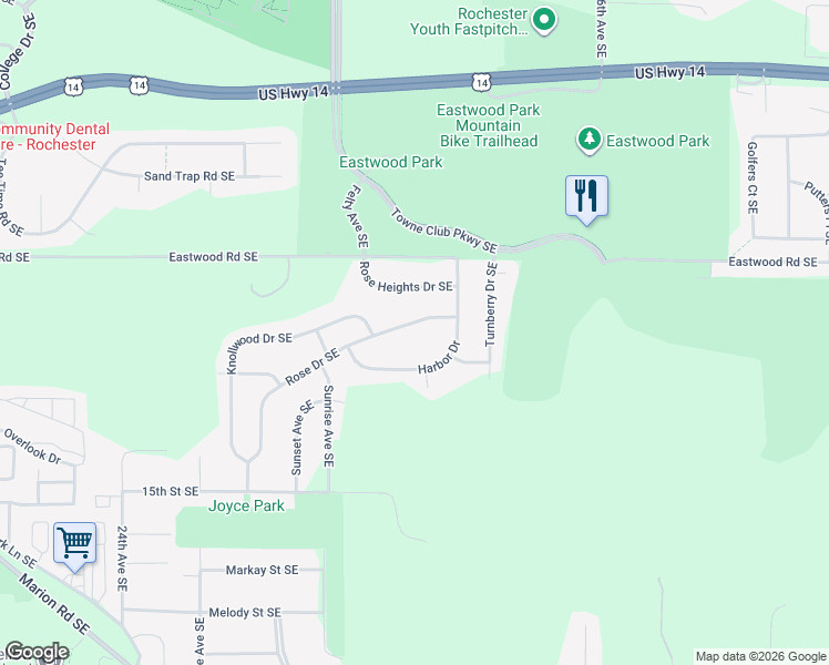 map of restaurants, bars, coffee shops, grocery stores, and more near 3109 Rose Drive Southeast in Rochester