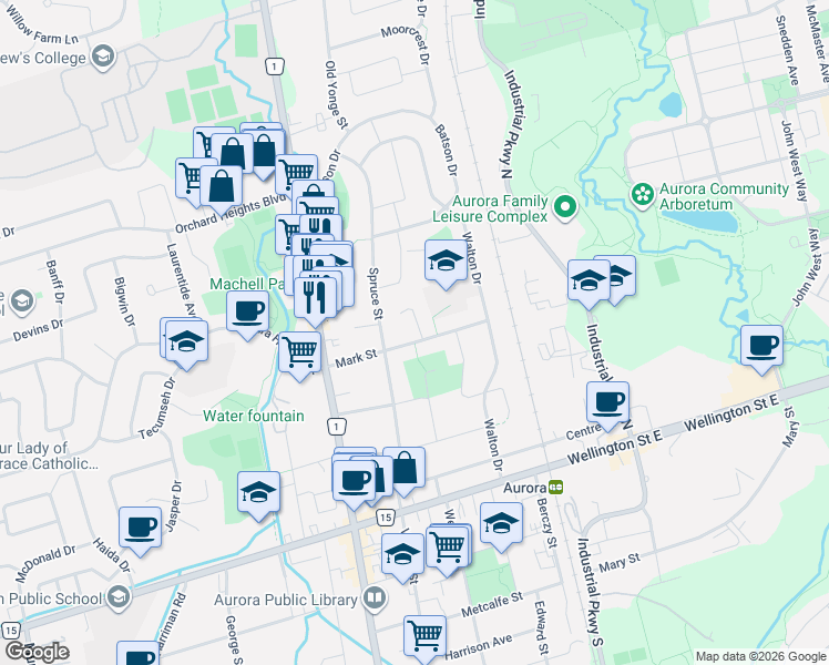 map of restaurants, bars, coffee shops, grocery stores, and more near 32 Oak Court in Aurora
