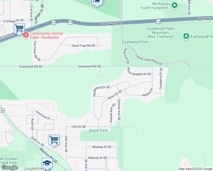map of restaurants, bars, coffee shops, grocery stores, and more near 2881 Knollwood Drive Southeast in Rochester