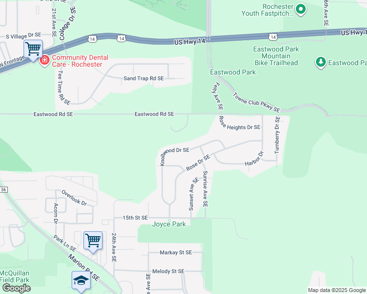 map of restaurants, bars, coffee shops, grocery stores, and more near 2869 Knollwood Drive Southeast in Rochester