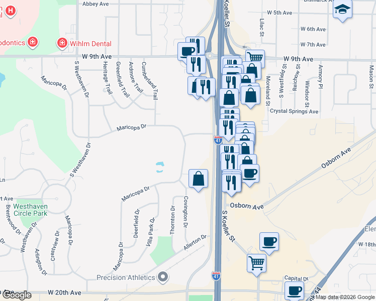 map of restaurants, bars, coffee shops, grocery stores, and more near 1420 Maricopa Drive in Oshkosh